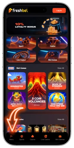 FreshBet app download page with menu button visible in bottom left corner
